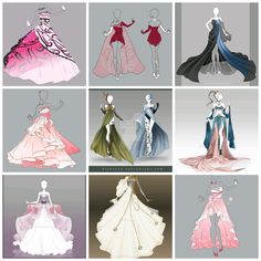 several dresses are shown in different colors