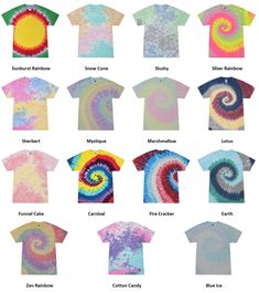 tie dyed t - shirts with different colors and sizes