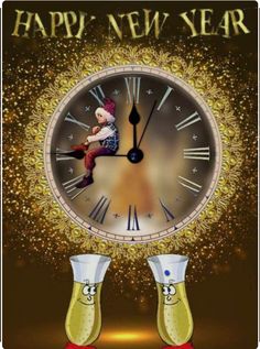 a happy new year card with an image of a woman sitting on top of a clock