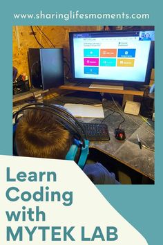 a man sitting at a computer desk with headphones on and the words learn coding with mytek lab