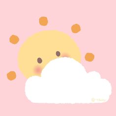 the sun is peeking out from behind a cloud with oranges flying around it on a pink background