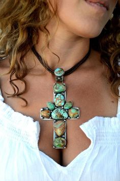 Diamond Cowgirl, Turquoise Cross Pendant, Cowgirl Bling, Turquoise Cross, Green Stones, Southwestern Jewelry, Couture Jewelry