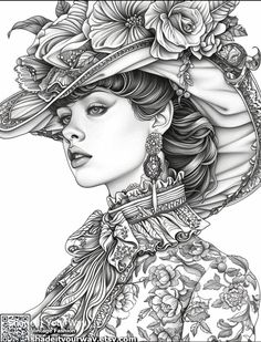 a drawing of a woman wearing a large hat with flowers on it's head