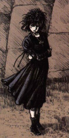 a drawing of a woman in a black dress with long hair walking down a dirt road