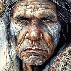 an old native american man with feathers on his head and eyes, looking at the camera