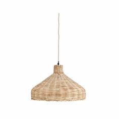 a light that is hanging from a rope on a white wall and has a rattan pattern