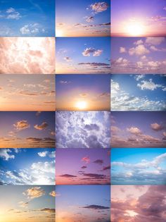 multiple images of clouds in different shades of blue, pink and yellow with the sun shining through them