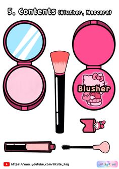 the contents of a hello kitty makeup set are shown in pink and blue, including a brush