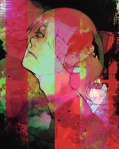 an abstract painting of a woman's face with red, green and pink colors