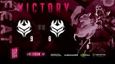 an image of the victory logo on a dark background with pink and white graphics above it