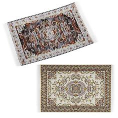 two rugs with different designs on them, one in white and the other in brown