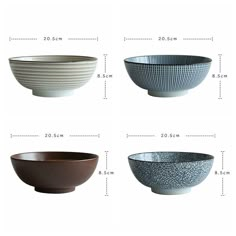 four bowls are shown with measurements for each bowl in the same size and color scheme