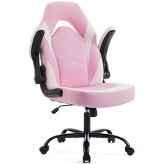 a pink and white office chair with wheels on the bottom, in front of a white background