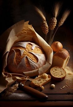 a loaf of bread sitting on top of a wooden table next to other food items