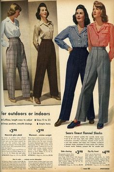 an advertisement for women's pants from the 1950's, featuring three different styles