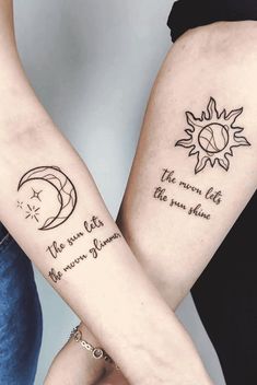 two people with matching tattoos on their arms, one has the sun and the other has the moon