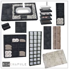 an assortment of black and white bathroom accessories