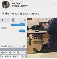 two people sitting at desks in front of computers and texting to each other