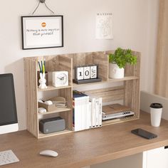 a desk with a computer and books on it