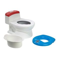 a toilet with the lid up next to a blue object