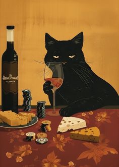 a painting of a black cat drinking wine next to cheese and crackers on a table