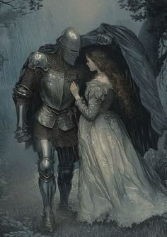 a man and woman dressed in armor walking through the rain