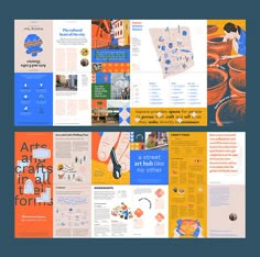 an assortment of brochures are shown in different colors and sizes, including blue, yellow, orange, and white