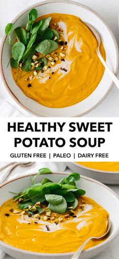 two bowls of healthy sweet potato soup with spinach leaves on top and the same bowl in front