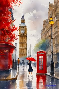 a painting of a woman holding an umbrella in the rain with big ben in the background