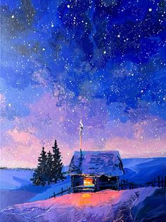 a painting of a house in the middle of a snowy field with stars above it