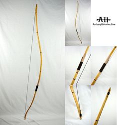 four different angles of the bow and arrow that is attached to a white background backdrop