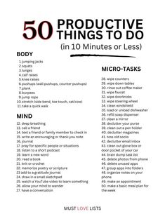 the 50 most things to do for your body in 10 minutes or less info sheet