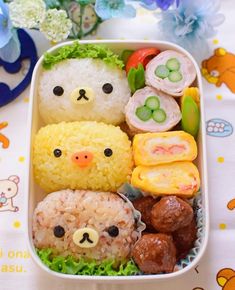 a bento box filled with rice, meat and veggies as well as sushi