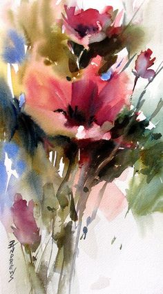 watercolor painting of pink flowers in a vase