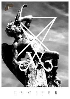 a black and white photo of a gargoyle with the sigilian symbol