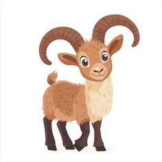 a cartoon goat with big horns is standing and looking at the camera, isolated on a white background