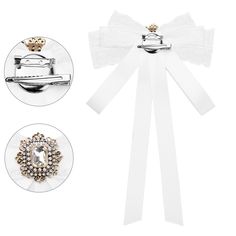 Suitable for daily use, it is a good gift for your friends. Perfect for parties, weddings, everyday office work, or other occasions. Wear it with stand-collar shirts, sweaters, blouses, and dresses for an elegant look and added glamour. There are two fastening methods: Locking the brooch on the back makes clipping your tie quicker and easier. Bow tie brooches for Women Light up your outfits! Notes： 1. This tie is pre-tied design, no need to tie it yourself. 2. Due to different computer monitors Elegant White Pins For Formal Occasions, White Elegant Formal Pins, Elegant White Formal Pins, Elegant Party Hair Accessories Brooch, Formal White Jewelry With Decorative Bow, Elegant White Pins For Party, Elegant White Pins For Parties, Elegant White Party Pins, White Jewelry With Decorative Bow For Wedding