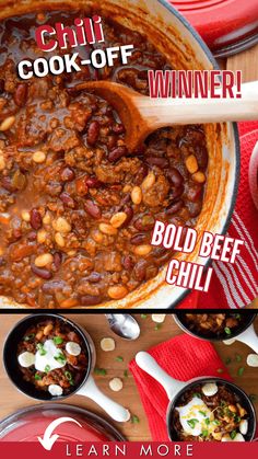 chili cook - off winner is bold beef chili with beans and onions in a skillet