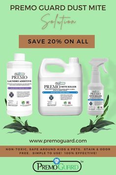 two bottles of premoguard dust mitte and one bottle of sanitizer