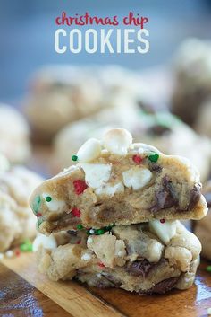 two cookies stacked on top of each other with the words christmas chip cookies in the background