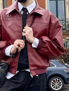 Men Jacket Aesthetic, Male Red Outfit Aesthetic, Red Men Aesthetic, Red Leather Jacket Outfit Men, Man Red Outfit, Dark Red Outfit Men, Red Outfits Male, Red Mens Outfits, Red Outfit Ideas Men