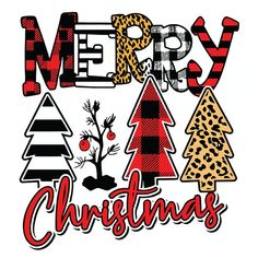 merry christmas lettering with trees and leopard print on the bottom right hand corner, in red black and white