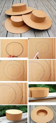 the steps to make a cardboard hat with scissors and tape on it, including paper plates