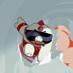 an animated image of a person wearing sunglasses and a bear with glasses on his head