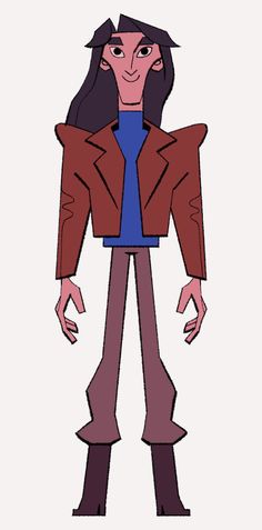 a cartoon character with long hair wearing a red jacket and purple pants, standing in front of