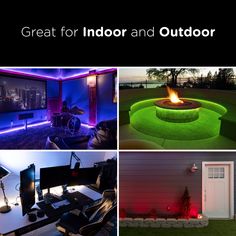 four different pictures with the words great for indoor and outdoor lighting on them, including a fire pit