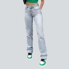 Prepare to make a statement this summer with our 90s-inspired light blue Women's Straight Jeans from the 2023 Spring-Summer Collection! With its high-waist. zipper and button closure. unprocessed hem. and effortless vintage charm. you'll be sure to turn heads wherever you go.Distinctive Features: 90s Style: Embrace the nostalgia of the 20th-century with this timeless vintage look. Light Wash: Look your best and beat the heat with the light wash of this stylish jean. Straight Fit: Enjoy the sleek Trendy High Waist Straight Fit Jeans, Trendy Blue Straight Fit Jeans, Trendy Straight Fit Jeans, Trendy Washed Blue Summer Flare Jeans, Non-stretch Straight Leg Light Blue Jeans, Trendy Straight Fit Bottoms For Summer, Non-stretch High Rise Light Blue Jeans, Summer Straight Pants With Five Pockets, Straight Five Pockets Summer Pants