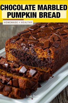 chocolate marbled pumpkin bread on a plate with text overlay that reads, chocolate marbled pumpkin bread