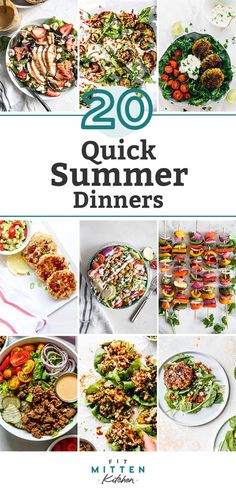 the cover of 20 quick summer dinners with pictures of different foods and vegetables on it