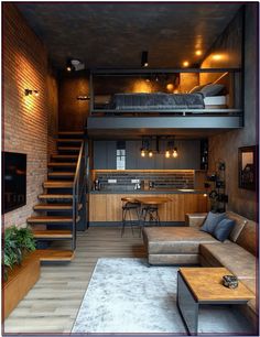 a living room filled with furniture next to a brick wall and staircase leading up to a loft bed